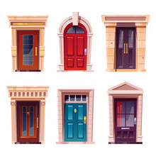 Closed Front Doors With Stone Frame For Building Facade. Vector Cartoon Set Of House Entrance, Red, Brown And Blue Wooden Doors With Knobs And Windows Isolated On White Background