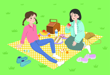 Two friends are having a picnic in the park. hand drawn style vector design illustrations. 