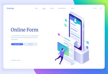Online Form Banner. Web Application For Registration Account, Digital Survey. Vector Landing Page With Isometric Illustration Of Person Fills Profile Information In Mobile App On Smartphone