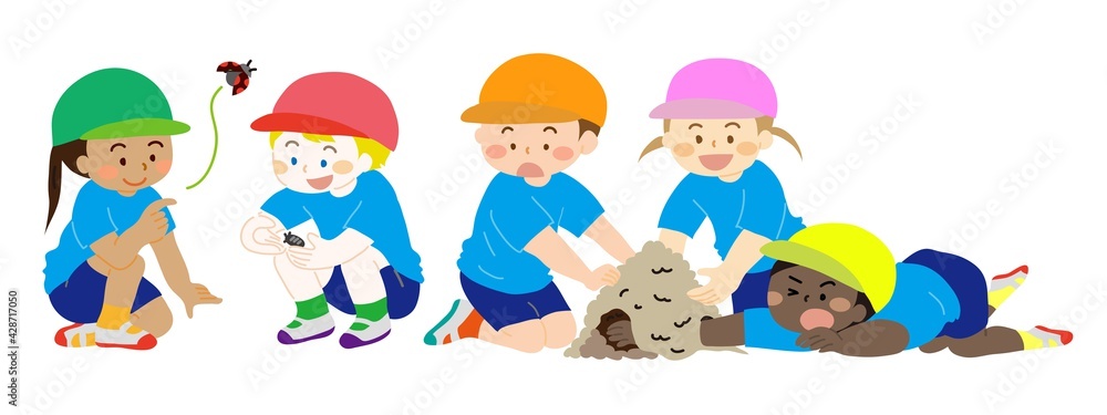色々な肌の色を持つ子供達が虫とりや砂遊びなどの外遊びをしているイラスト Asian Wall Mural Asi 桂子 牧野