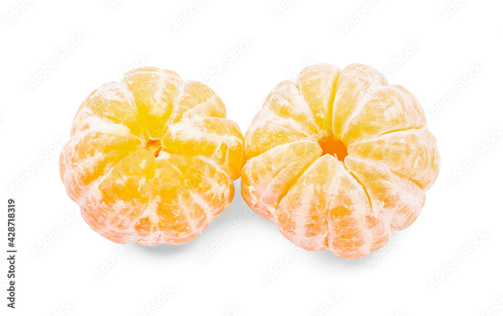Sweet peeled tangerines on white background