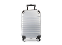 Gray Suitcase With Wheels For Towing Put On A White Background