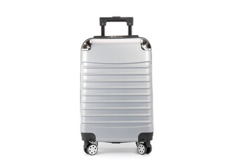 gray suitcase with wheels for towing put on a white background