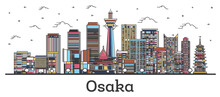 Outline Osaka Japan City Skyline With Colored Buildings Isolated On White.