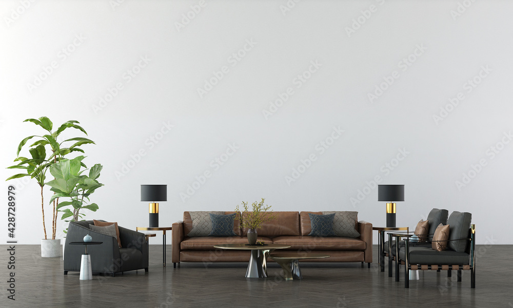 Modern interior mock up furniture and decoration of minimal living room design and white pattern wall texture background 3d rendering - obrazy, fototapety, plakaty 