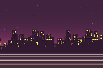 Poster - Night city landscape background in flat style. Silhouettes of skyscrapers, evening street with houses with glowing windows, buildings line cityscape. Nature scenery. Vector illustration of web banner