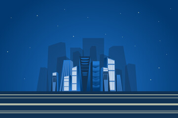 Poster - Night skyscrapers landscape background in flat style. Cityscape with high towers, silhouette of houses, business part of city, metropolis panorama. Nature scenery. Vector illustration of web banner