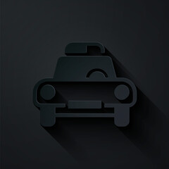 Poster - Paper cut Police car and police flasher icon isolated on black background. Emergency flashing siren. Paper art style. Vector