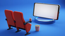 Smartphone With White Screen, Cinema Chairs, Popcorn And Cola On Blue Background. Online Cinema, Movie From Home Concept. 3d Rendering