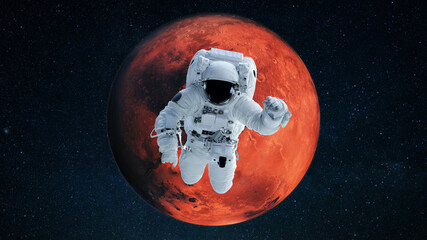Poster - Astronaut against the background of the red planet Mars flies and performs a mission in open space. Spaceman in cosmos