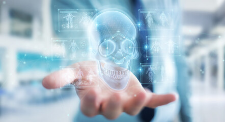 Fototapete - Man using digital x-ray skull holographic scan projection 3D rendering