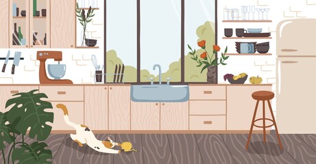 Modern interior design of cozy home kitchen with window, wooden furniture, cooking appliances, utensils, decoration, flowers and plants. Colored flat vector illustration of room in rustic style