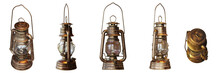 Old Kerosene Lanterns Set Isolated On White Background 