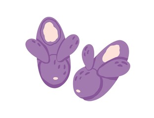 Pair of closed winter bunny slippers isolated on white background. Cozy fluffy home shoes with cute rabbits' ears. Comfy footwear. Colored flat vector illustration of warm fuzzy soft footgear