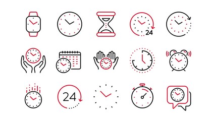 Poster - Time and clock line icons. Timer, Alarm and Smartwatch. Time management, 24 hour clock, deadline alarm icons. Sand hourglass, smartwatch, timer stopwatch. Linear set. Linear set. Vector