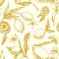 Poster - Seamless monochrome pattern with citrus fruits on blooming lemon tree branches with leaves. Endless repeatable background in retro style. Hand-drawn vector illustration for printing and decoration