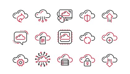 Poster - cloud data and technology icons. hosting, computing data and file storage. computer sync linear icon