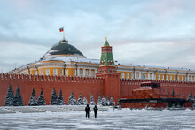 View Of Red Square On A Frosty Winter Morning. Lenin's Mausoleum Building (The Inscription Is Lenin), The Kremlin Tena And Tower, And The Senate Building In The Kremlin.
