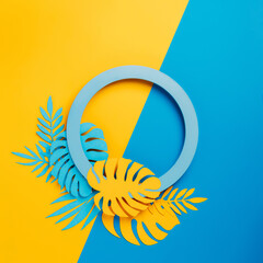 Tropical frame border with paper palm leaves on two tone vibrant blue and yellow background. Minimal natural concept with copy space. Summer tropical layout. Flat lay, top view.