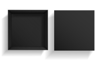Black Box. Open and closed gift presentation boxes top view. Empty cardboard 3d packaging. Geometric square surprise container, mockup for presents and goods storage vector illustration