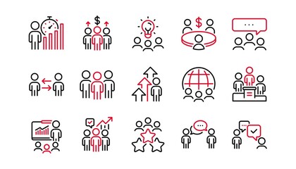 Poster - meeting line icons set. conference, seminar discussion, classroom. team, work and business idea icon