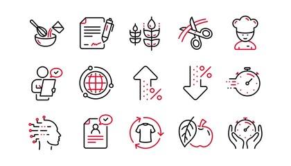 Chef hat, Customer survey, Approved application line icons. Scissors cutting, Artificial intelligence icons. Interest rate, gluten free. Linear set. Linear set. Quality line set. Vector