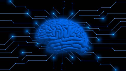 Poster - Human brain symbolic for AI Artificial Intelligence centered into information connecting lines - abstract cyber technology and automation concept - graphic elements in blue color - 3D Illustration