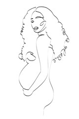 Wall Mural - Pregnant african american woman with long curly hair hugs her belly, abstract portrait drawing with lines, motherhood concept, vector illustration for t-shirt, print design, covers, tattoo