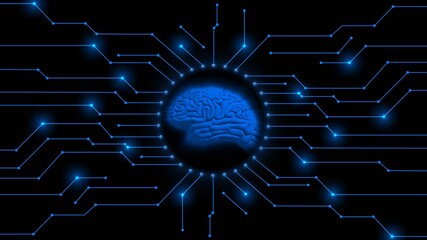 Poster - Human brain symbolic for AI Artificial Intelligence centered into information connecting lines - abstract cyber technology and automation concept - graphic elements in blue color - 3D Illustration