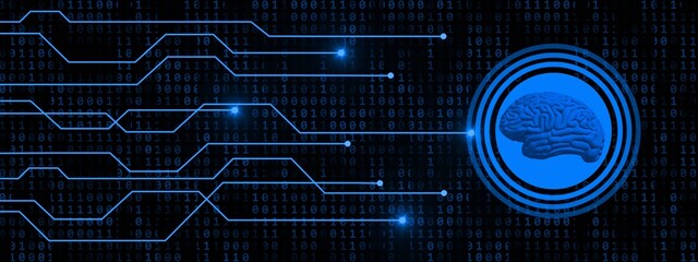 Poster - Human brain symbolic for AI Artificial Intelligence on button with information connecting lines on binary code background - abstract cyber technology and automation concept - 3D Illustration
