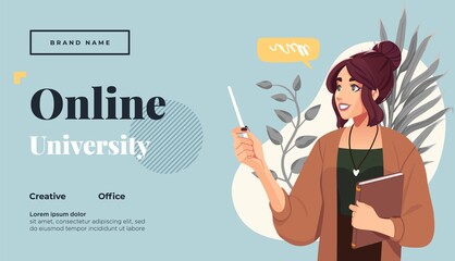 Landing page template for online courses, distance education, Internet studying, training. Yong female teacher having a lesson. Vector illustration