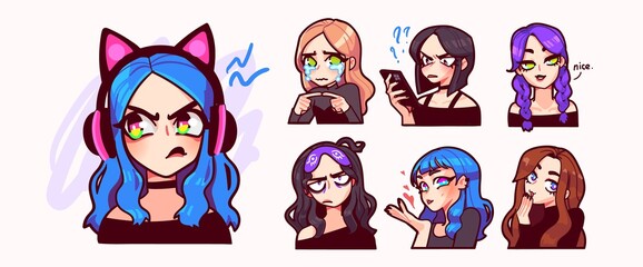 Set of streamer gamer girls expression stickers or badges. Vector illustration