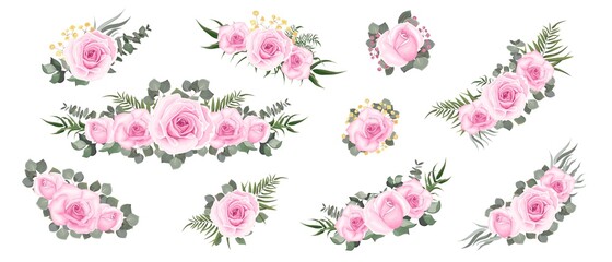 Wall Mural - Collection of flower arrangements. Pink roses, eucalyptus, various plants and flowers, asiatic buttercup