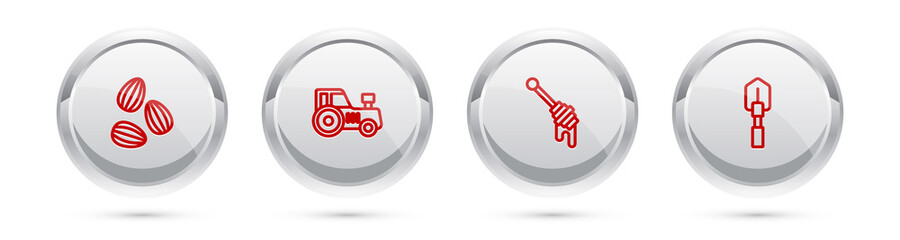 Sticker - Set line Seeds, Tractor, Honey dipper stick and Shovel. Silver circle button. Vector