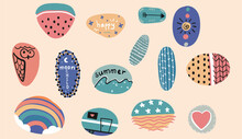 Set Of Creative Hand Drawn Summer Illustrations For Cover, Sticker Design. Collage Of 14 Designs On Stones With Trendy Hipster Doodles And Lettering. Isolated Drawings In Vintage Colorful Style.