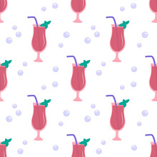 Seamless Pattern With Glasses Of Pink Cocktail With Tubes, Mint Leaves And Bubbles. Cute Holiday Print With Alcohol Drink. Festive Decoration For Textiles, Wrapping Paper And Design