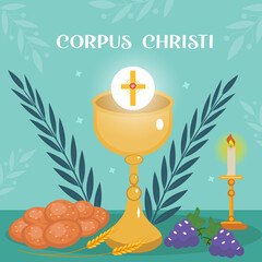 Corpus Christi Catholic religious holiday greeting card, template for your design. Feast Day, cross, bread, grapes. Vector illustration