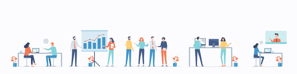 Poster - flat vector business people team working and set cartoon character design concept
