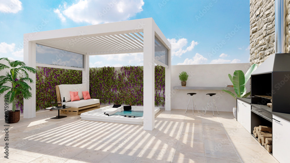 3D render of white outdoor pergola on urban patio with jacuzzi and barbecue - obrazy, fototapety, plakaty 