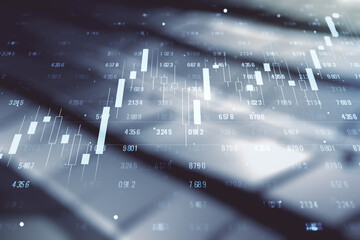 Poster - Multi exposure of creative statistics data hologram on blurry metal background, stats and analytics concept