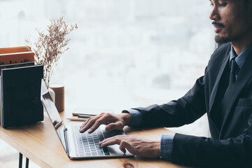 Wall Mural - businessman person working from home with computer laptop on online cyberspace technology