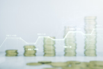 Poster - Multi exposure of abstract virtual graphic data spreadsheet sketch on coins background, analytics and analysis concept