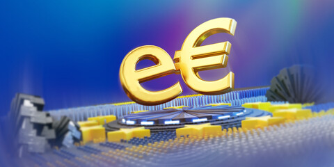 e-EUR digital Euro abstract symbol golden metallic 3d-illustration