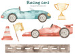 Watercolor children's set with racing cars, road, flag, trophy, traffic cone, boy