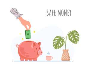 Piggy bank. Female hand puts green banknotes in money box. Save money concept. Investments in future. Financial symbol. Banking or business services. Vector illustration in flat cartoon style.