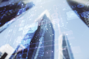 Poster - Abstract virtual coding concept on office buildings background. Multiexposure