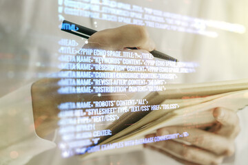 Poster - Double exposure of abstract creative programming illustration and man hand writing in notepad on background, big data and blockchain concept