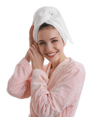 Poster - Beautiful young woman with hair wrapped in towel after washing on white background