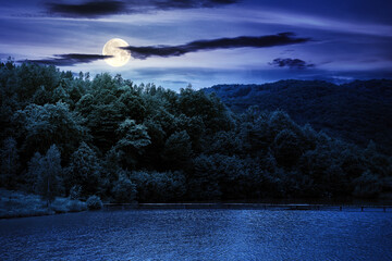 lake among mountain landscape in spring at night. beautiful countryside scenery with forest on the shore in full moon light. clouds on the sky