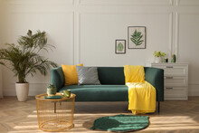 Stylish Living Room Interior With Comfortable Green Sofa